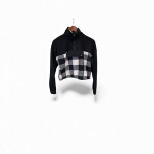 Faux Fur Buffalo Plaid Pullover Women’s Small Black White Cropped 1/2 Zip Jacket